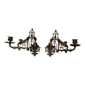 Ornate Brass Piano Sconces, Antique Pair