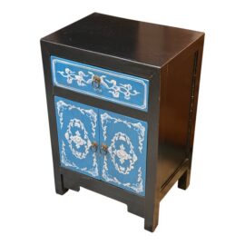 Hand Painted Front Black Nightstand, Cobalt
