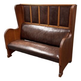 Antique High-Back Oak + Leather Settle Bench