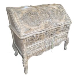 French Bleached + Carved Oak Wood Louis XV Secretary