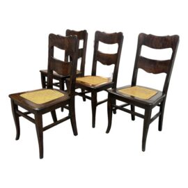 Victorian Dark Wood + Cane Dining Side Chairs, Set of Four