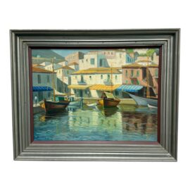 Laurence Dingley Mediterranean Harbor Oil Painting, Framed
