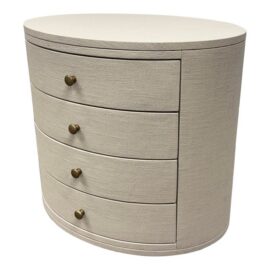 Kathy Kuo Beatrice Modern Classic Cream Painted Linen Oval Nightstand. Original Price: $1,400