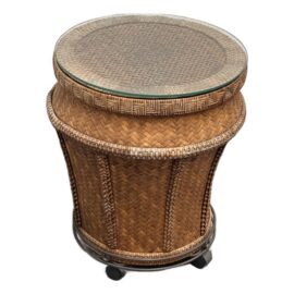 Woven Rattan Drum Side Table + Glass Top