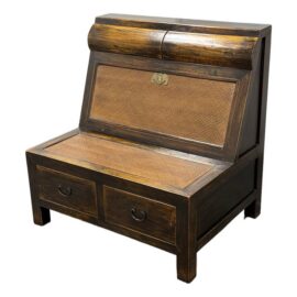 Asian Wooden Storage Bench + Cane Panels, Vintage