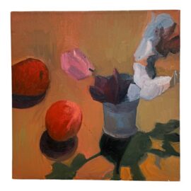 Contemporary Oil on Canvas Still Life of Fruit + Flowers, Unknown Artist