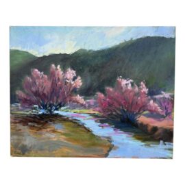 Pulich Oil on Canvas Landscape Painting of Creek + Pink Blossoms