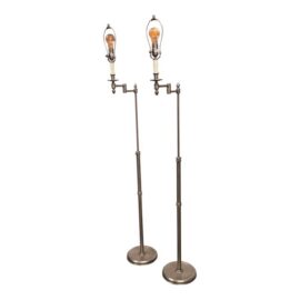 Transitional Brushed Nickel Swing Arm Floor Lamps, Pair