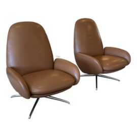 Hlynur Atlason for Design Within Reach Vala Sienna Leather Swivel Recliners, Pair. Original Price: $13,600
