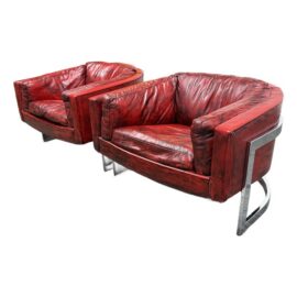 Jules Heumann for Metropolitan Barrel Leather Lounge Chairs, Pair