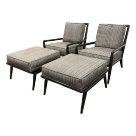 T. H. Robsjohn-Gibbings for Widdicomb Lounge Armchairs + Ottomans, Pair