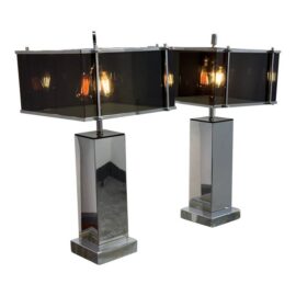 Charles Hollis Jones Modern Chrome + Smoked Acrylic Table Lamps