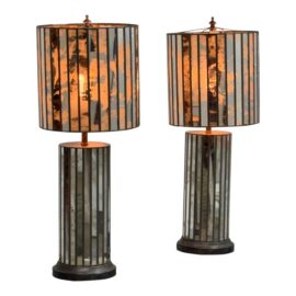Ken Fulk Art Deco Inspired Antiqued Mirrored + Bronze-Tone Metal Table Lamps, Pair