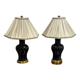Chinoiserie Black Ceramic Vintage Table Lamps, Pair
