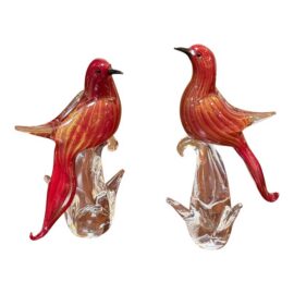 Hand Blown Vintage Red + Gold Murano Bird Figurines, Pair
