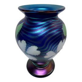 Orient & Flume Floral Blue Art Glass Vase, Signed