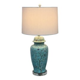 Jade Green Ceramic Table Lamp With Butterflies + Birds