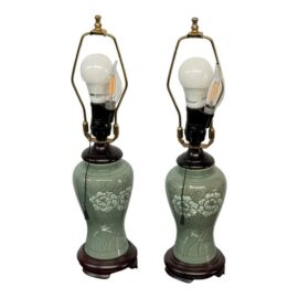 Chinese Jade Glazed Porcelain Mid 20th Century Table Lamps, Pair
