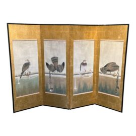 Japanese Gilded Screen With Tethered Hawks