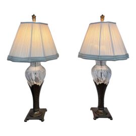 Cut Glass + Silver Art Deco Table Lamps, Pair