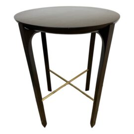 Walnut Wood + Brass Side Table, 30 Inch Round