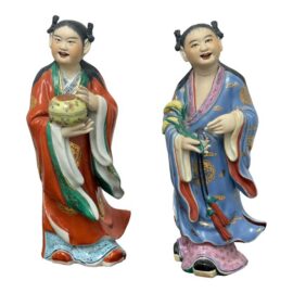 Famille Rose Porcelain Deity Figurines, Set of Two