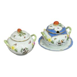 Herend Rothschild Bird Porcelain Covered Tureen + Lidded Bowl, Set of Two