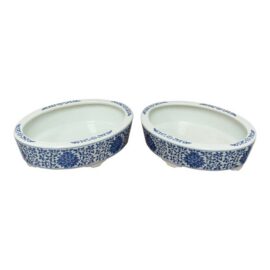 Blue + White Chinoiserie Vintage Ceramic Oval Planters, Pair