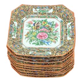 Antique Canton Rose Thousand Butterflies Porcelain Plates, Set of Ten