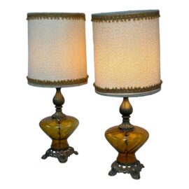 Hollywood Regency Vintage Sculptural Glass Table Lamps, Pair