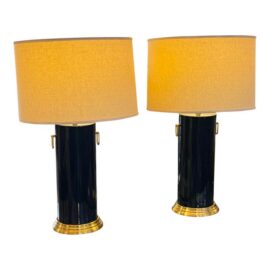 Pottery Barn Navy Ceramic + Brass Table Lamps, Pair
