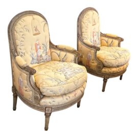 19th Century Delmar Chinoiserie Printed Bergere Chairs, Pair. Original Price: $9,000