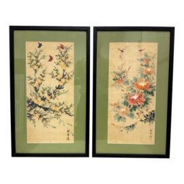 Vietnamese Vintage Watercolor & Ink Floral Paintings, Pair