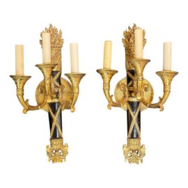 Neoclassical Brass Torch Wall Sconces, Pair - Made in Spain