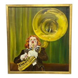 Late 20th Century Alexander Borisoff “Sascha” Framed Clown Oil on Canvas Playing Tuba Painting