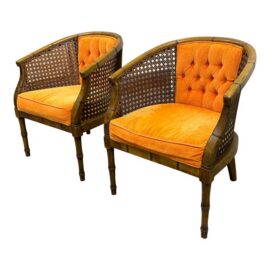Saffron Velvet Mid 20th Century Cane Barrel Chairs, Pair
