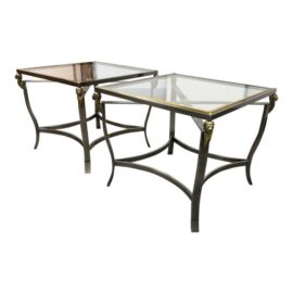Hollywood Regency Glass Top Lion Head Accent Tables, Pair