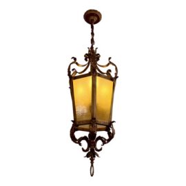 Gothic Revival Style Gilt Metal + Amber Glass Lantern Pendant