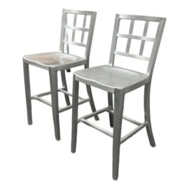 Emeco Style Industrial Modern Aluminum Ladder Back Counter Stools, Pair
