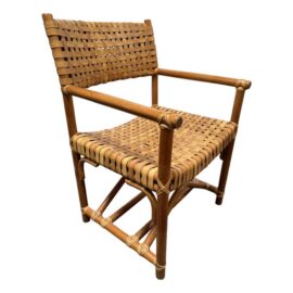 In the Style of McGuire Lattice Leather Strip Safari Chair