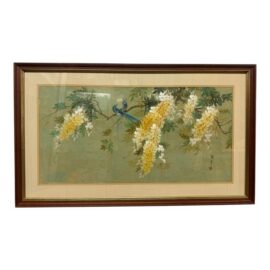 Asian Style Artwork Bird on Flower Composition, Signed