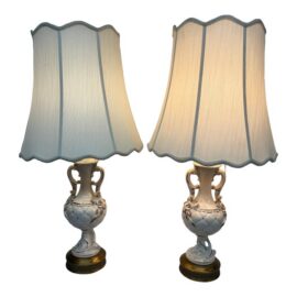 White Porcelain With Gold Swirls Table Lamps, Pair