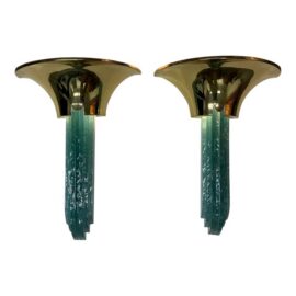 Karl Springer Purcell Brass + Aqua Glass Sconces, Pair