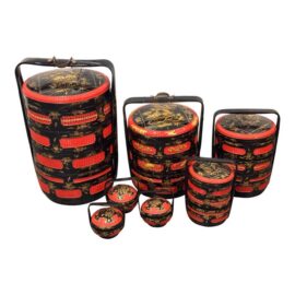 Chinoiserie Lacquered Wedding Basket Carriers, Set of Seven