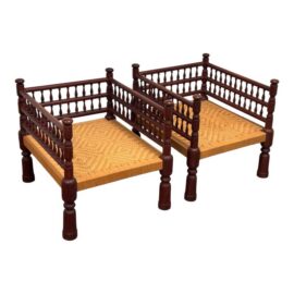 Indian Vintage Rush Seat Low Chairs, Pair