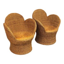 Floral Vintage Boho Style Wicker Lounge Chairs, Pair
