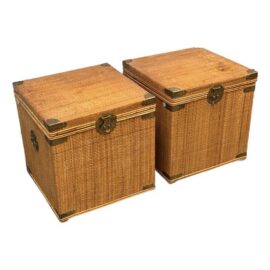 Wicker Asian Campaign/Chinoiserie Hinged Chests, Pair