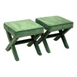 Hollywood Regency Style Green Velvet X-Base Ottoman Stools, Pair