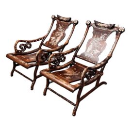 Vintage Chinoiserie Mother-of-Pearl Moon Gazing Recliner Chairs, Pair
