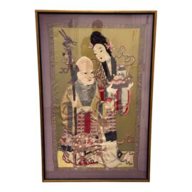 Shou Lao + Deer Silk Vintage Embroidery, Framed